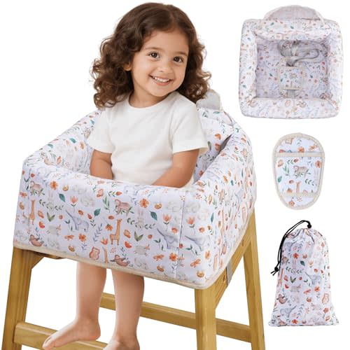 High Chair Cover Portable with 3-Point Harness, Waterproof Baby Seat Cover for Restaurant Travel Home Use, Machine Washable, Fits Wooden Chairs (Yellow Animal)