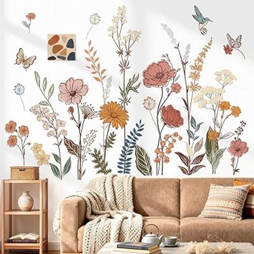 wondever Boho Flower Floral Wall Decals Wildflower Grass Wall Stickers