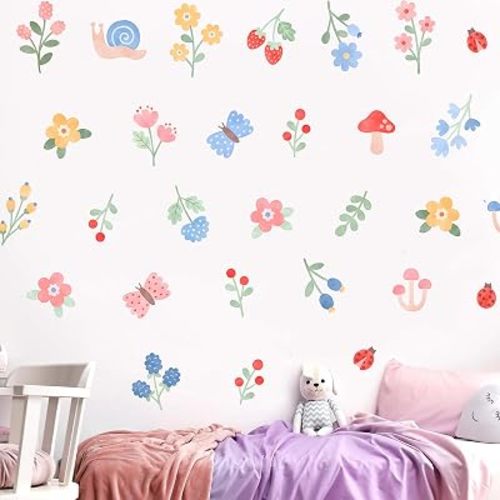 Spring Wildflower Wall Decals with Butterflies & Mushrooms, Watercolor Floral Wall Stickers with Snails & Ladybugs for Nursery, Home Office, Classroom & Vintage Bathroom Decor, Peel and Stick