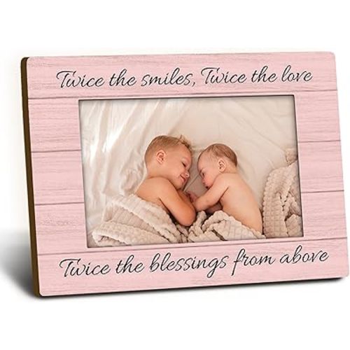 Twins Baby Items Picture Frame 4x6, Twin Mom Gifts Wooden Picture Frame, Twins Baby Gifts for Girls Boys Mom, Twice the Blessings Decorative Photo Frames for Table Desk Decor（Pink）