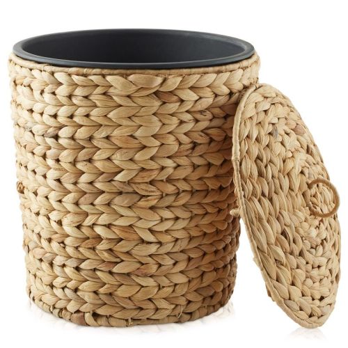 Trash Can with Lid and Liner - Natural, Woven Wicker Waste Basket for the Bathroom, Bedroom, Laundry Room, Home Office