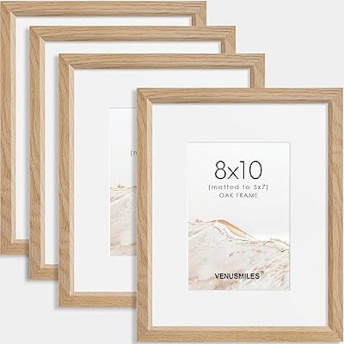 8x10 Picture Frame Set of 4 Natural Solid Oak Photo Frames with 5x7 Removable Mat Wall Hanging Large Handcrafted Frame with HD Plexiglass Wall and Tabletop Display Large Poster Frame