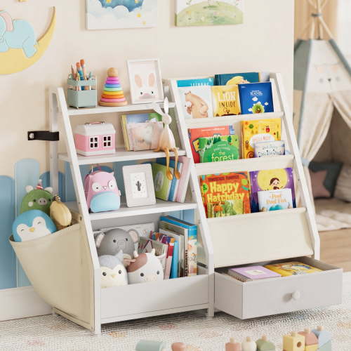 Kids Bookshelf and Toy Storage, Book Shelf for Kids Rooms BECOKOME 4 Tier Toddler Bookshelf Baby Bookcase for Nursery Montessori Toy Organizer, White