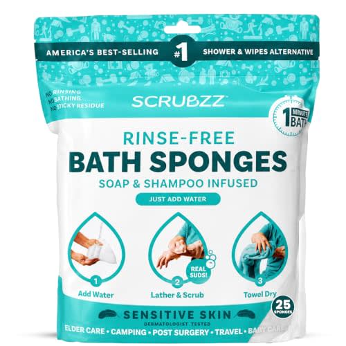 Scrubzz Disposable No Rinse Bathing Wipes for Senstive Skin - 25 Pack - All-in-1 Single Use Shower Wipes, Simply Dampen, Lather, and Dry Without Shampoo or Rinsing (Sensitive Skin, 1-Pack)