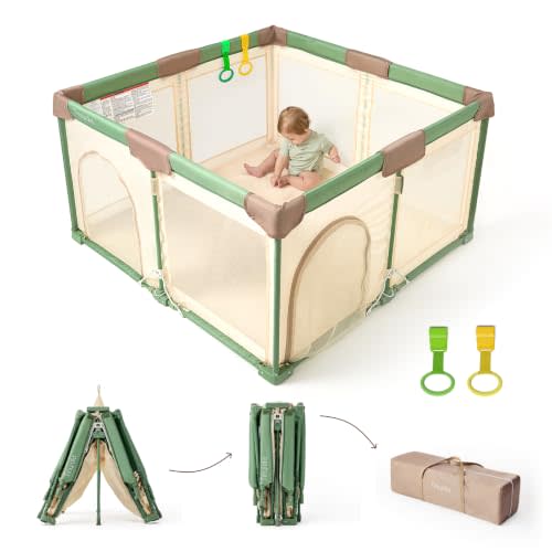 Tinyiota Foldable Baby Playpen, 50x50 Inch Portable Play Yard for Babies and Toddlers with Soft Breathable Mesh, Storage Bag & 2 Pull-Toy Handles for Indoor & Outdoor (Green, 50x50)