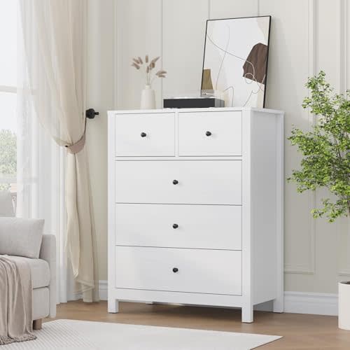 GarveeHome White 5 Drawer Dresser for Bedroom, Modern Tall Dresser Organizer with Storage Drawers, Wooden Chests of Drawers for Bedroom, Entryway, Hallway, Home Office