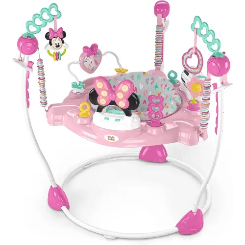 Bright Starts Disney Baby Minnie Mouse Forever Besties Baby Activity Center Jumper with 10 Toys, Lights & Sounds, 360-Degree Seat, 6-12 Months (Pink)