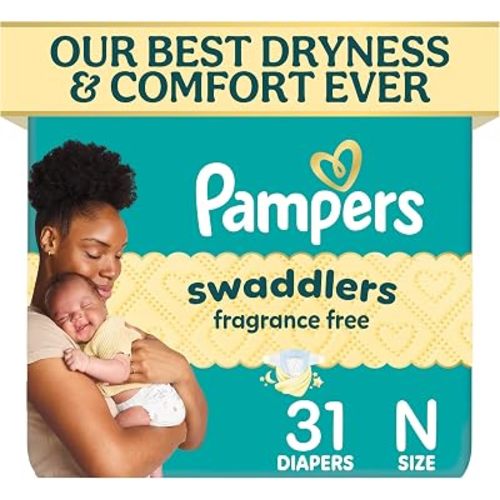 Pampers Swaddlers Diapers, Size 0 (up to 10 lbs), 31 Count, Fragrance Free, Hypoallergenic, Absorbent, Pediatrician Recommended, Skin Safe