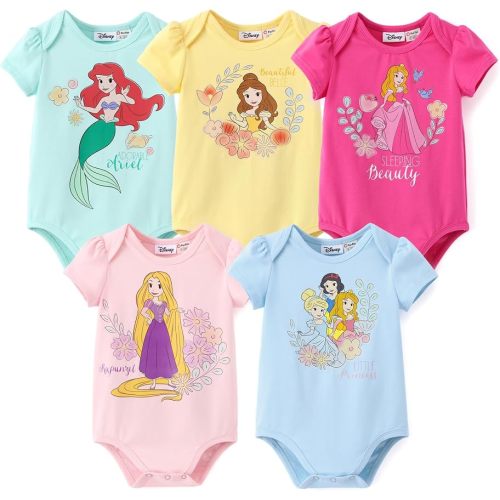 Disney Marvrl Princess Stitch Minnie Baby Girls Clothes, 5 Pack Short-Sleeve Bodysuits, Newborn to Infant Outfit, 0-18 Months