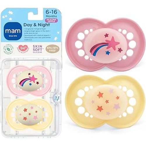 MAM Original Baby Pacifiers 6-16 Months, Binky for Newborn Babies, BPA-Free Skin Soft Silicone Nipple, Glows in The Dark, Developed with Medical Experts, 2 Pack, Sterilizer Case, Made in Europe