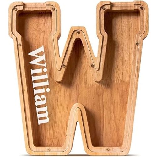 Customized Name Large Wooden Piggy Bank for Kids Boys Girls Alphabets Letter A-Z Coins Bills Money Change Bank Box Initial on Clear Cover (Laser Engraved) (Alphabet-W, Personalized-9")