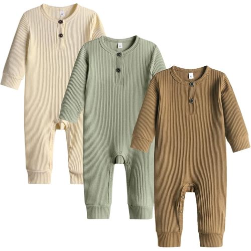 Bafeicao Baby Boy Girl 3 Pack Solid Romper Ribbed Long Sleeve