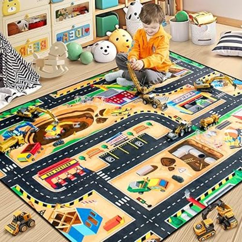 Kids Construction Site Play Rug,5x7 Ft Area Rug, Tufted Wool & Rubber, Non-Slip, Stain & Fade Resistant, Machine Washable, Rustic Cartoon Construction Site Pattern