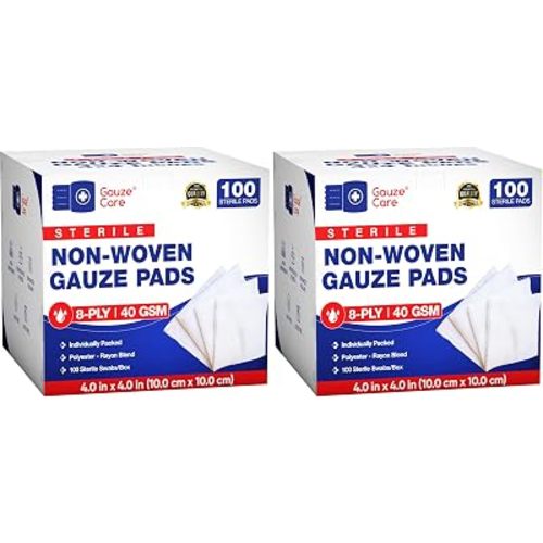 Gauze Care Non-Woven Sterile Gauze Pads 4x4, Pack of 200, 8-Ply, Soft, Lint-Free, Individually Wrapped, Sterile, Absorbent, Breathable, Perfect for Wound Care
