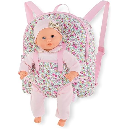 Corolle Backpack Baby Doll Carrier for 12 Inch Dolls - Toddler Baby Doll Carrier for Little Girls Age 1-3, Adjustable Straps with Zippered Storage, Hands-Free Play, Pink
