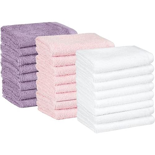 Amazon Basics Highly Absorbent, Fast Drying 100% Cotton Washcloths for Bathroom and Face, Machine Washable, 12 x 12 in, Petal Pink, Lavender, White, 24-Pack