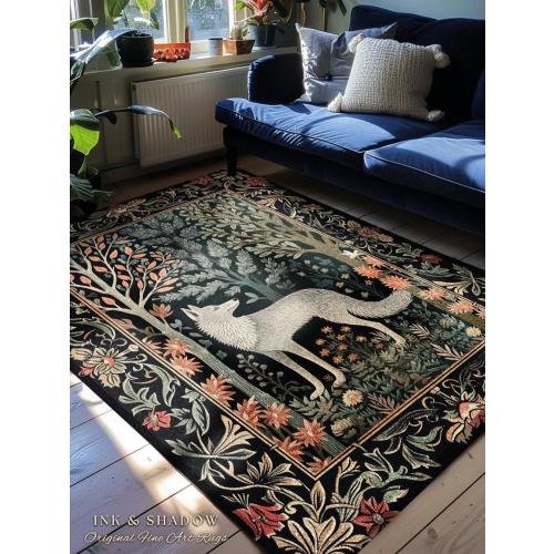 Scandinavian Wolf Rug | Woodland Theme Room Decor William Morris Inspired Cottagecore Aesthetic Fairycore Bedroom Magical Nature Inspired |