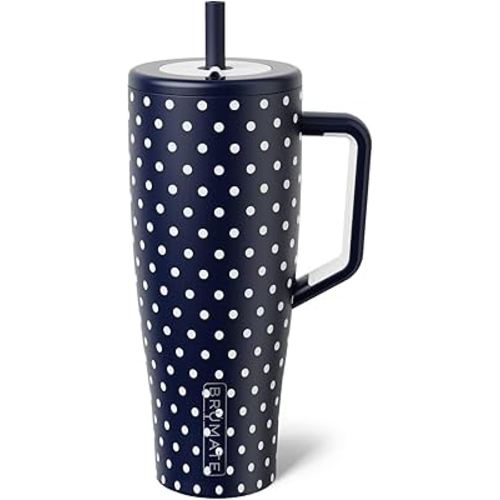 BrüMate Era 40 oz Tumbler with Handle and Straw | 100% Leakproof Insulated Water Bottle Tumbler with Lid and Straw | Made of Stainless Steel | Cup Holder Friendly | 40oz (Navy Polka Dots)