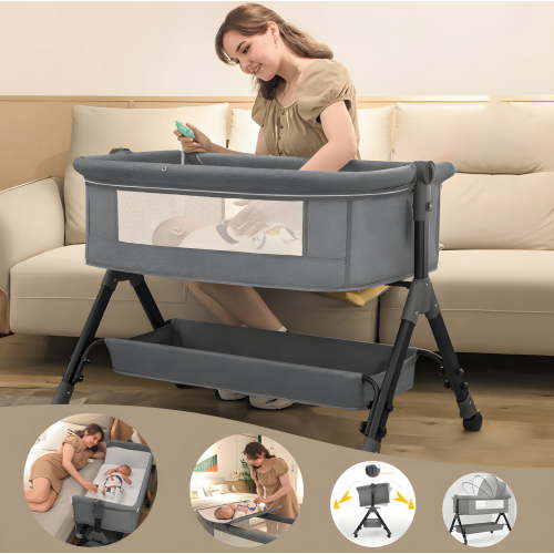 4-in-1 Baby Bassinet ,Upgrade baby crib with Adjustment Heights& Diaper Changer,for Newborns 0-24 Months, Unisex,Gray