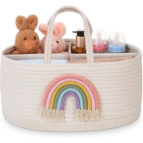 Aliceset Baby Diaper Caddy Organizer, Cotton Rope Nursery Storage Bin Basket with Divider for Changing Table Car Portable Holder Tote Bag, Newborn Essential Stuff Baby Shower(Rainbow)