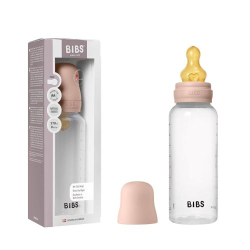 BIBS Baby Bottle 9 oz / 270 ml Natural Rubber Latex Nipple - Anti-Colic, BPA-Free, Round Nipple, Medium Flow, Lightweight & Easy to Clean, Suitable for Newborns 0+ Years - Blush