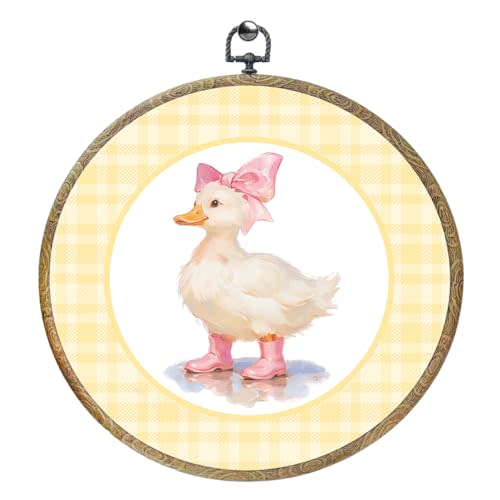 Cute Bow Checkered Duck Decor Duck Gifts Ducks Lovers Framed Round Wall Decor Canvas Wall Art Hanging Prints Artwork for Home Living Room Bathroom Bedroom Housewarming Party Pictures 10.2X10.2 Inch