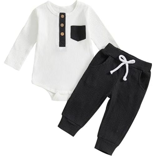 fhutpw Baby Boy Clothes 3 6 12 18 Months Ribbed Knitted Long Sleeve Romper and Pants Sets Newborn Fall Splicing Color Outfits