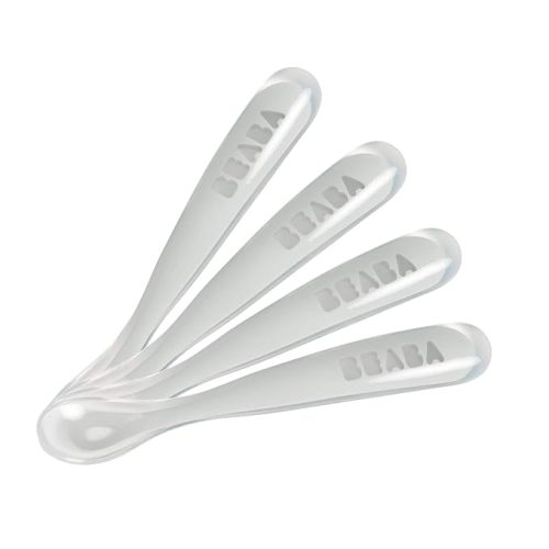 BEABA Baby's First Foods Spoon Set, Original Silicone Baby Spoons, 4 Pack, BPA Lead & Phthalate Free, Gray