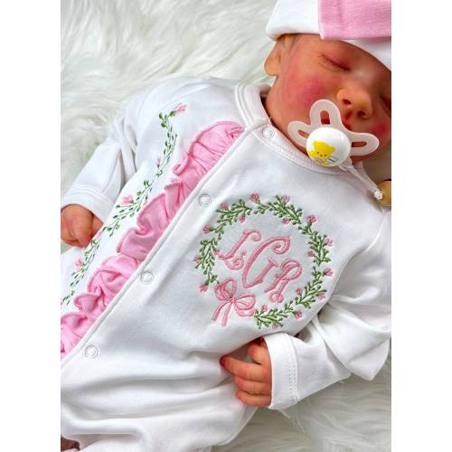 Personalized Bring Baby Girl Home Set, Embroidered Collar Footie, Burp Cloth & Bow Hat Newborn Set,Baby Shower Gift, Gift Set, NB,3M 6M
