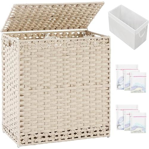 Laundry Hamper with Lid PE Rattan Laundry Basket, Light Khaki