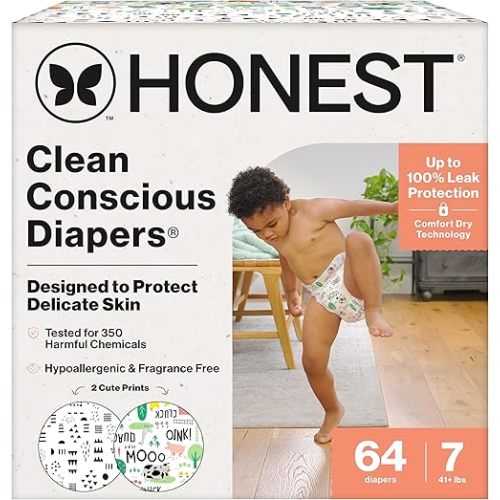 The Honest Company Comfort Dry Disposable Daytime Diapers for Sensitive Skin, Hypoallergenic, Barnyard Babies + Pattern Play, Super Club Box, Size 7, (41 lbs), 64 Count
