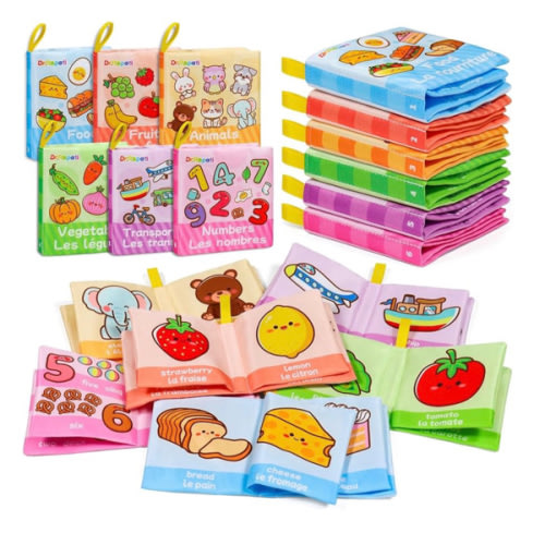 Dr.Rapeti 6 Pack French English Soft Books, French Bath Book, Baby Soft Cloth Book, Sensory Book, Crinkle Soft Book, Washable Nontoxic Educational Learning Toy for Baby Infant Toddler Kids