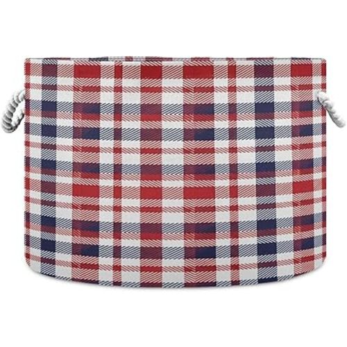 Kigai Red White Blue Plaid Cotton Rope Basket Baby Blanket Basket Laundry Basket Shelf and Closet Organizer for Nursery, Bedroom, Home Organizing