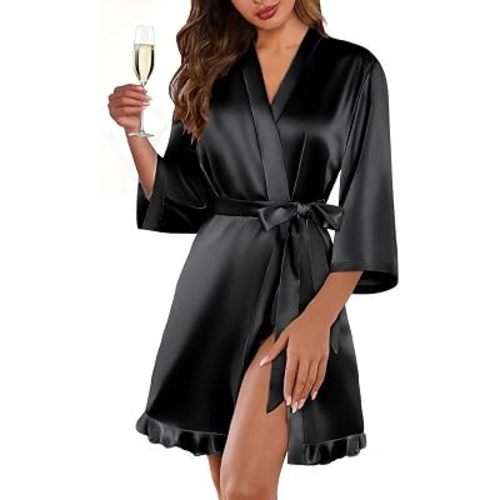 Ekouaer Women's Satin Robes Short Silk Kimono Bath Robe with Pockets