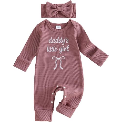 allshope Infant Baby Girl Fall Outfit Sweatshirt Romper Daddy Little Girl Embroidery Jumpsuit Bodysuit Newborn Waffle Clothes