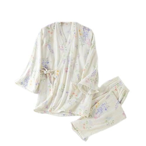 Womens Floral Cotton Pajama Set – Soft Sleepwear with Kimono Wrap Top & Elastic Waist Pants