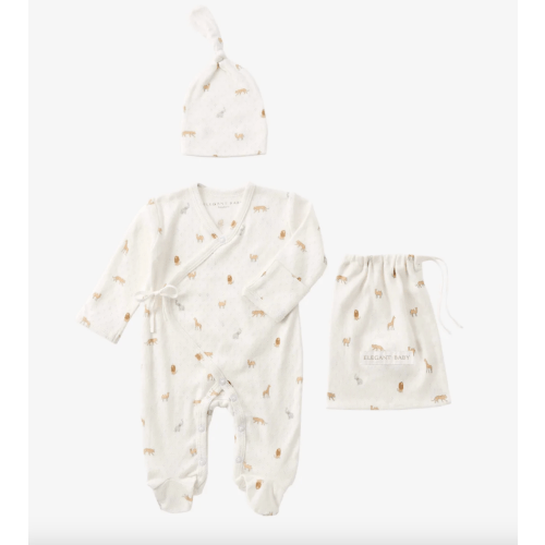 Neutral Safari Print Organic Cotton Pointelle Layette 2 Pc Gift Set, NB or 0-3MO