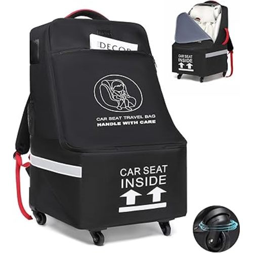 MCBD Car Seat Travel Bag for Airplane with Wheels, Padded Baby Carseat Backpack for Airport Gate Check Carrier Fits Booster Seat & Luggage Toddler Carseat Cover with Reflective Strips, Black