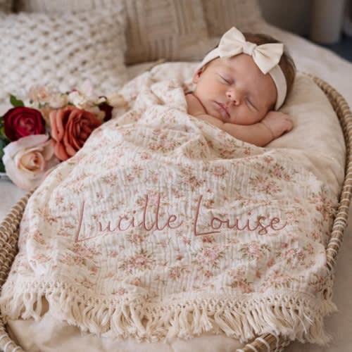 Personalized Muslin Baby Blanket, Vintage Rose Floral, Embroidered Name Keepsake