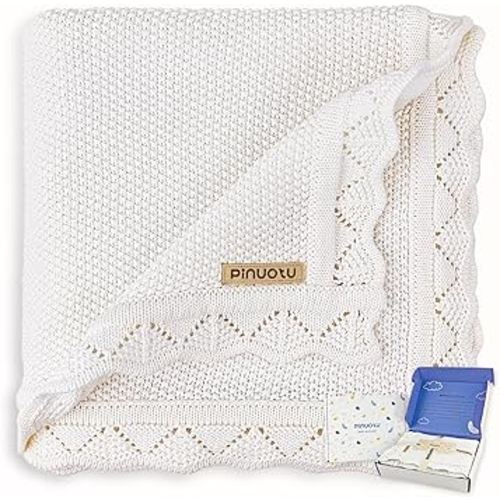 Knitted Baby Blanket for Boys & Girls, 100% Cotton Receiving Swaddle Crib & Stroller Blanket for Newborns, Infants, Toddlers, Milk White, 40 x 31 Inches