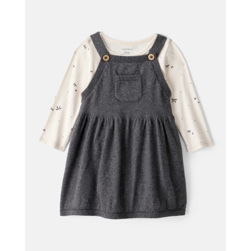 Baby Girl Bow Print Cotton Long-Sleeve Dress Set - Grey