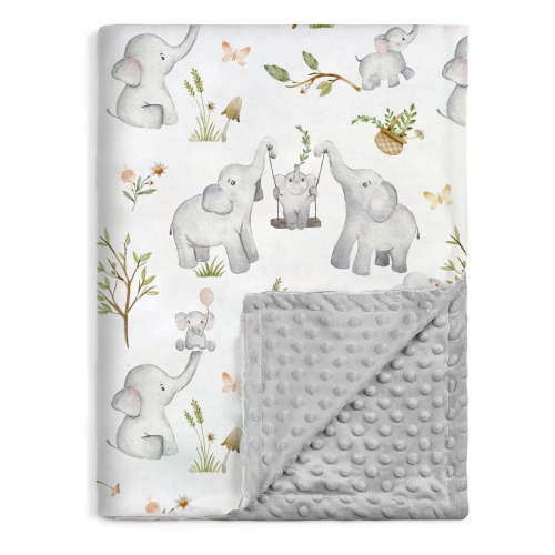 BOPRIO Baby Blankets for Unisex Boys Girls, Super Soft Nursery Minky Blankets with Baby Elephant Design and Dotted Fleece Backing, Printed Bed Throws Newborn