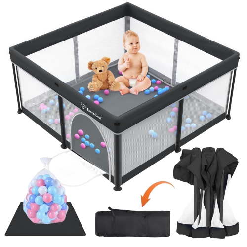 Foldable Baby Playpen with Mat, Collapsible Play Pen for Babies and Toddlers, Indoor & Outdoor Kids Safety Play Pen, Portable Play Yard with 50 Ocean Balls, 50"×50", Black
