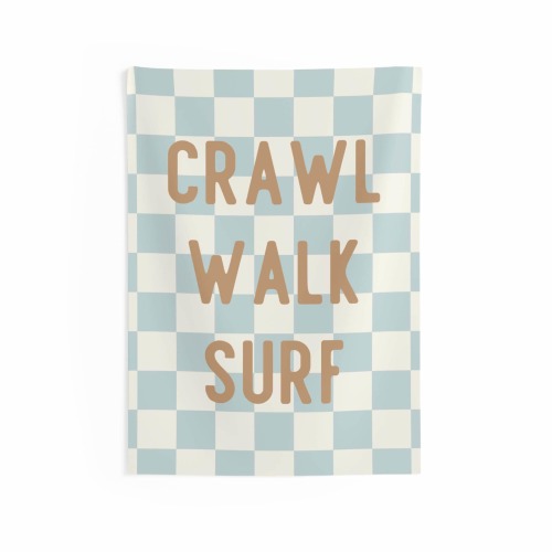 PICK COLORS Crawl Walk Surf Banner | Fabric Tapestry | Kids Wall Art & Bedroom/Playroom Decor | Surf Theme Nursery | Checkered Wall Hanging