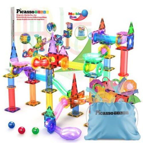 PICASSO-TILES Marble Run Race Track Magnetic Tiles for Kids – 61PCS STEM Construction Building Blocks Set, Educational Creative Learning Toy