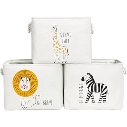 DECOMOMO Storage Baskets for Shelves 40L Canvas Storage Bin for Safari Nursery Décor, Baby Laundry, Toys (Lion, Zebra, Giraffe – 3 Pack / Jumbo)