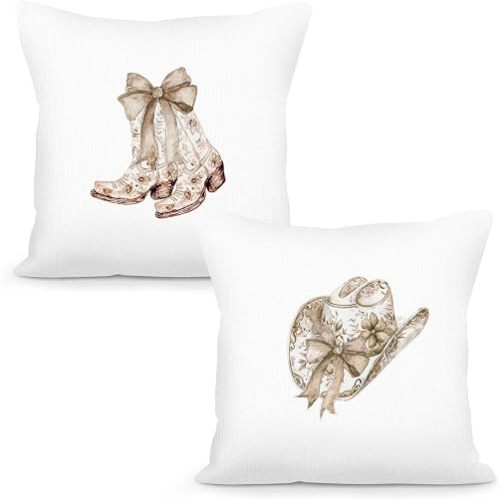 Coquette Western Cowgirl Throw Pillow Covers 18x18 Set of 2, Preppy Cowgirl Country Decorative Pillow Cover Cases, Vintage Bow Funky Cushion Cover Pillowcases for Bedroom Girls Room Dorm