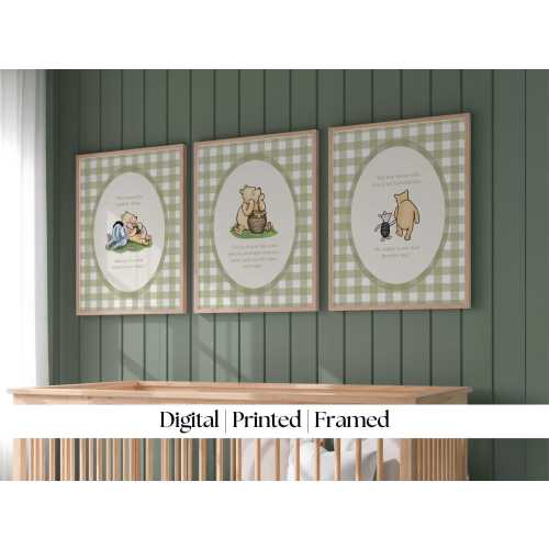 Classic Winnie the Pooh Nursery Quotes Art: Gingham Sage Green (Print, Framed or Canvas)