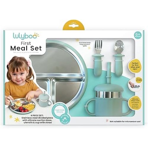 Lulyboo First Meal Set for Babies 6 Months+, Stainless Steel Divided Plate with Suction, Double-Insulated Sippy Cup with Straw & Silicone Lid, Ergonomic Toddler Utensils