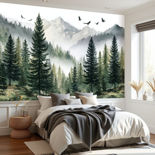 Millwood Pines Peel and Stick Wallpaper Green Forest Tree Mountain Watercolor Nature Woodland Nursery Wall Murals 69"H x 96"W Removable PVC Wall Paper Self-Adhesive Wall Decor for Bedroom Living Room Home Office | Wayfair